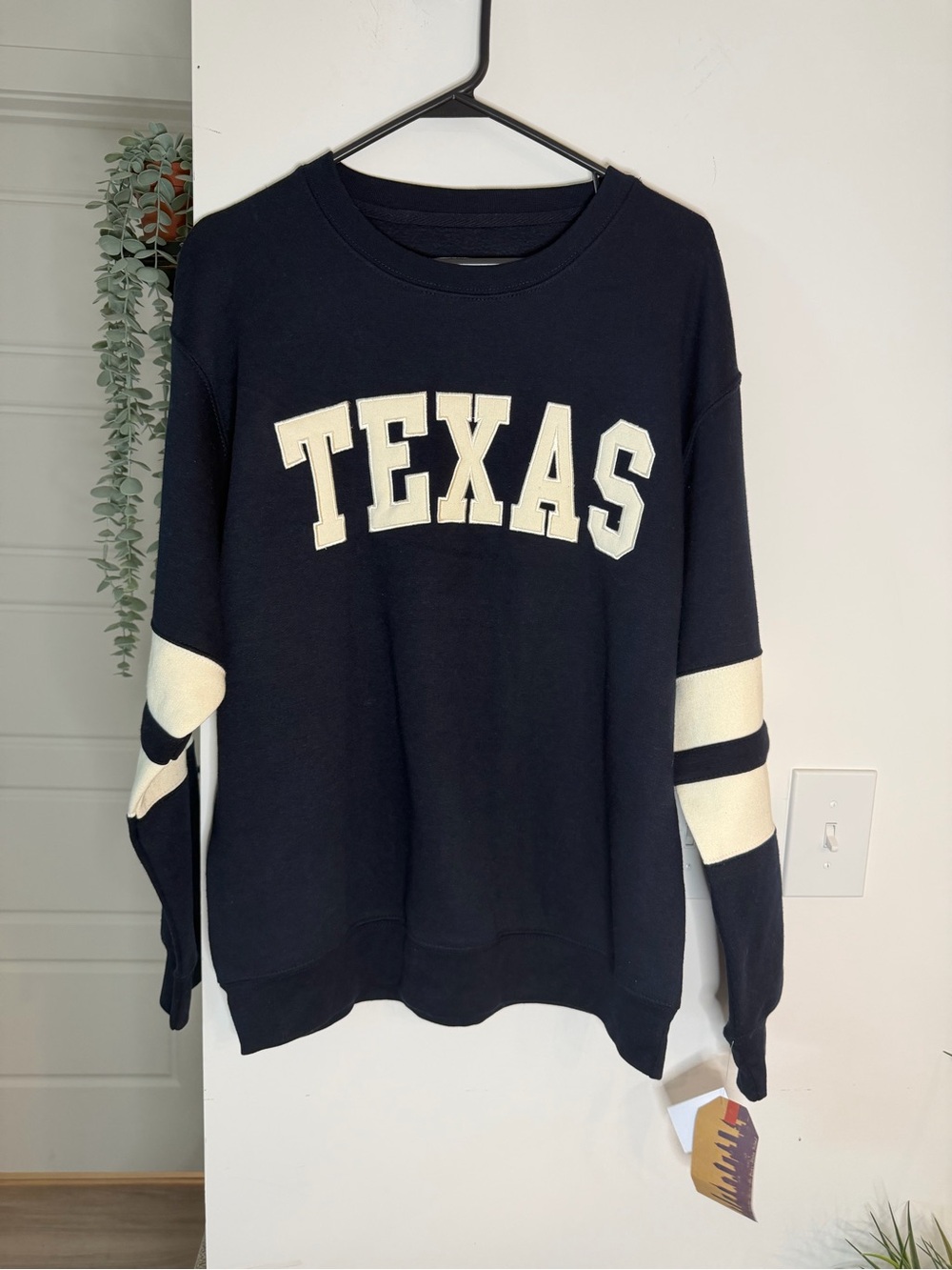 New York Popular Texas Navy Crewneck Sweatshirt White Sleeve Stripes